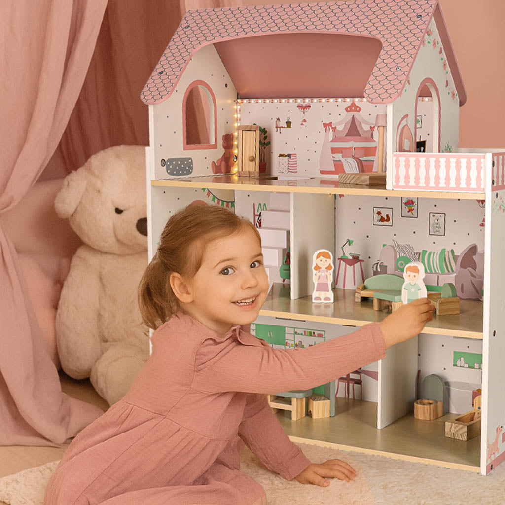 LULILO Peonio medinis lėlių namelis su LED apšvietimu, 70 cm, rožinis