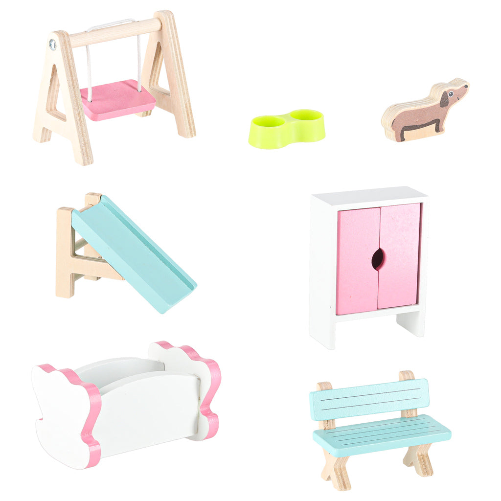 Lulilo Gardeno medinis lėlių namelis su sodeliu, baldeliais, 70 cm, rožinis, su LED apšvietimu