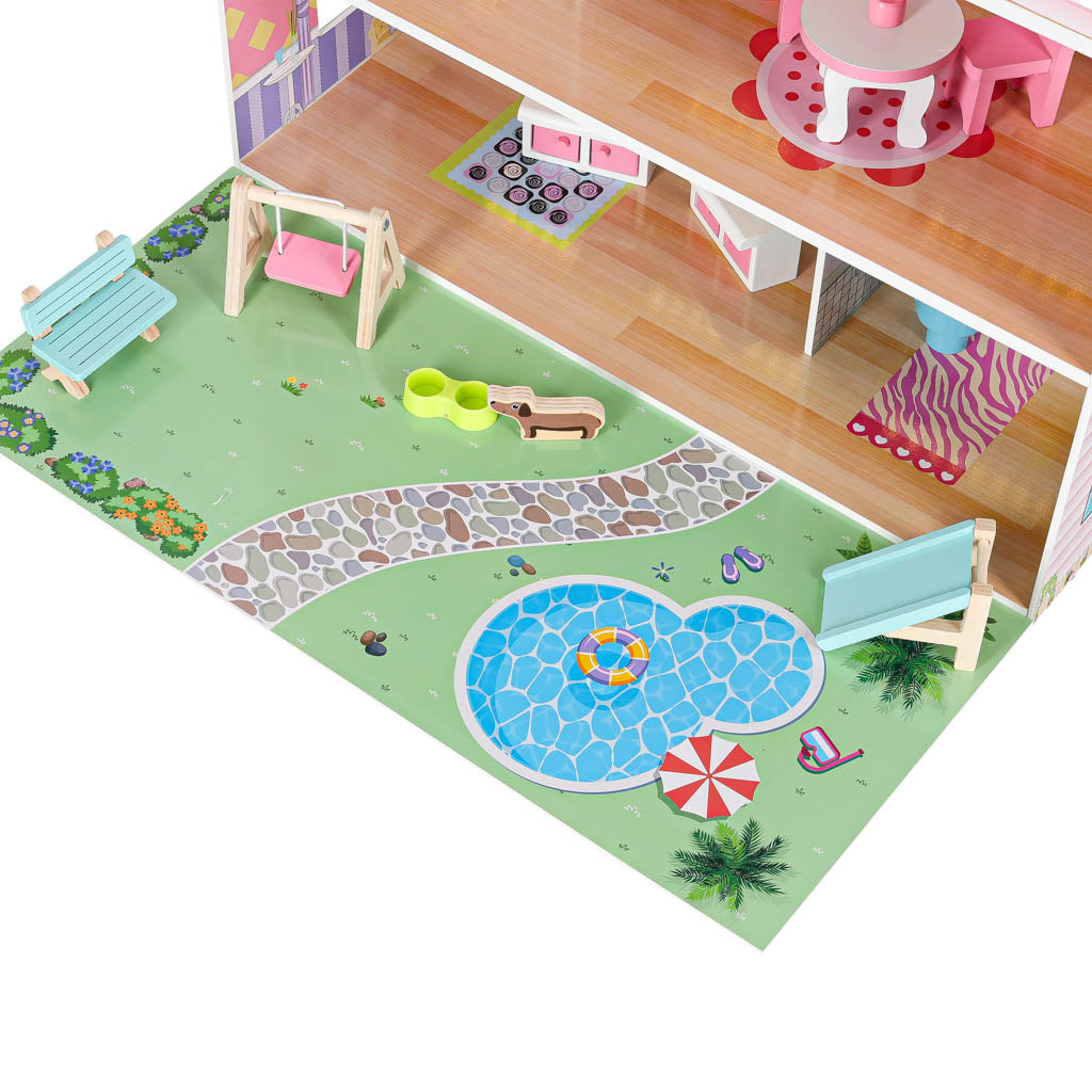 Lulilo Gardeno medinis lėlių namelis su sodeliu, baldeliais, 70 cm, rožinis, su LED apšvietimu