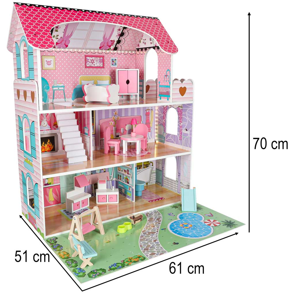 Lulilo Gardeno medinis lėlių namelis su sodeliu, baldeliais, 70 cm, rožinis, su LED apšvietimu
