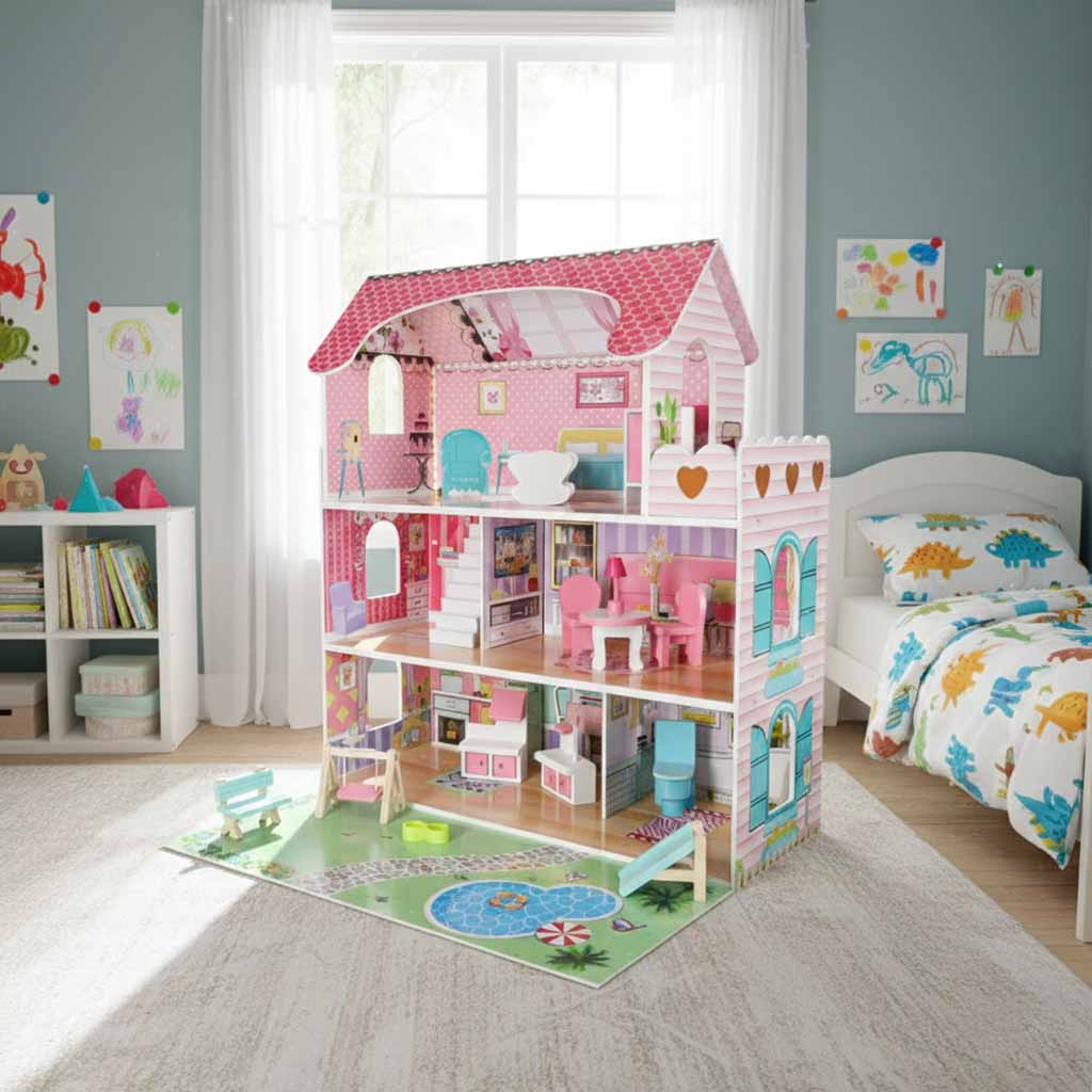 Lulilo Gardeno medinis lėlių namelis su sodeliu, baldeliais, 70 cm, rožinis, su LED apšvietimu