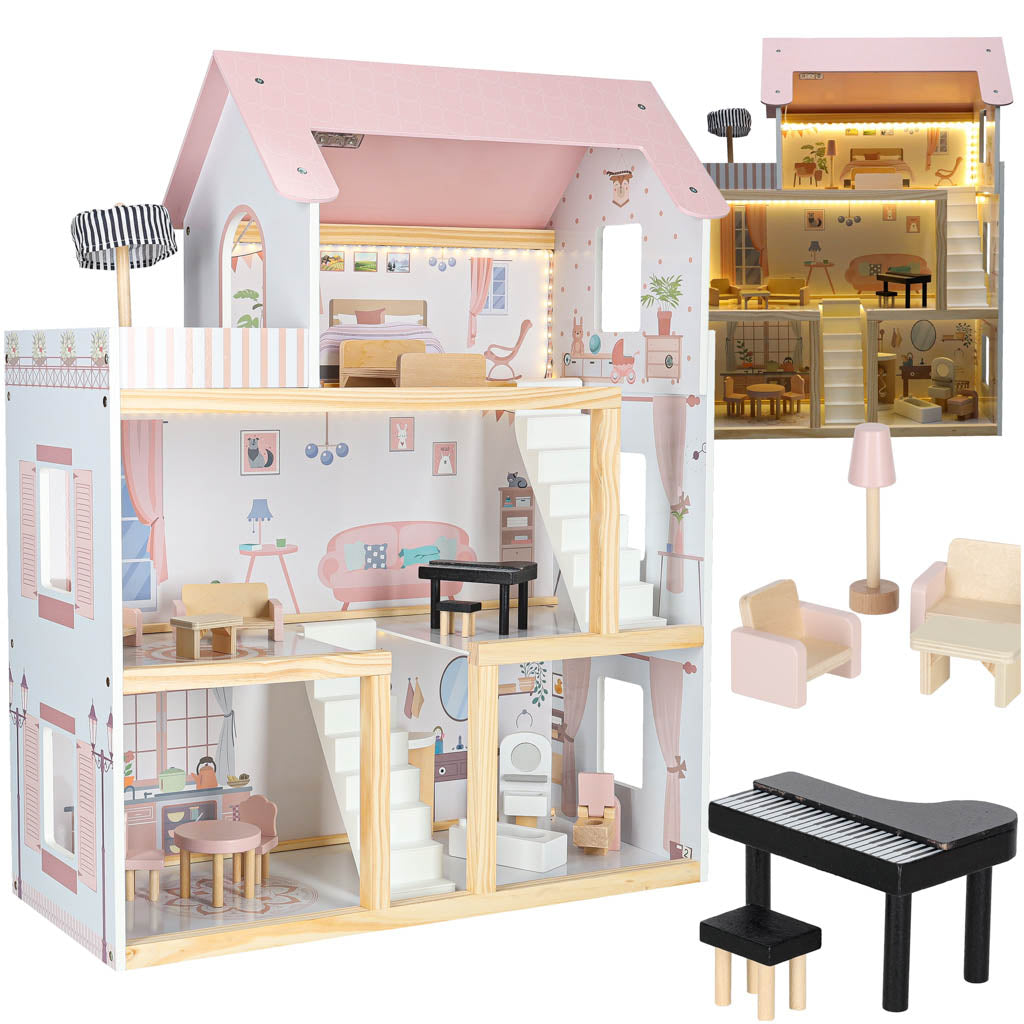 Medinis lėlių namelis su baldais, 78 cm, rožinis, su LED apšvietimu
