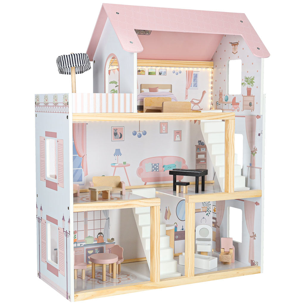 Medinis lėlių namelis su baldais, 78 cm, rožinis, su LED apšvietimu