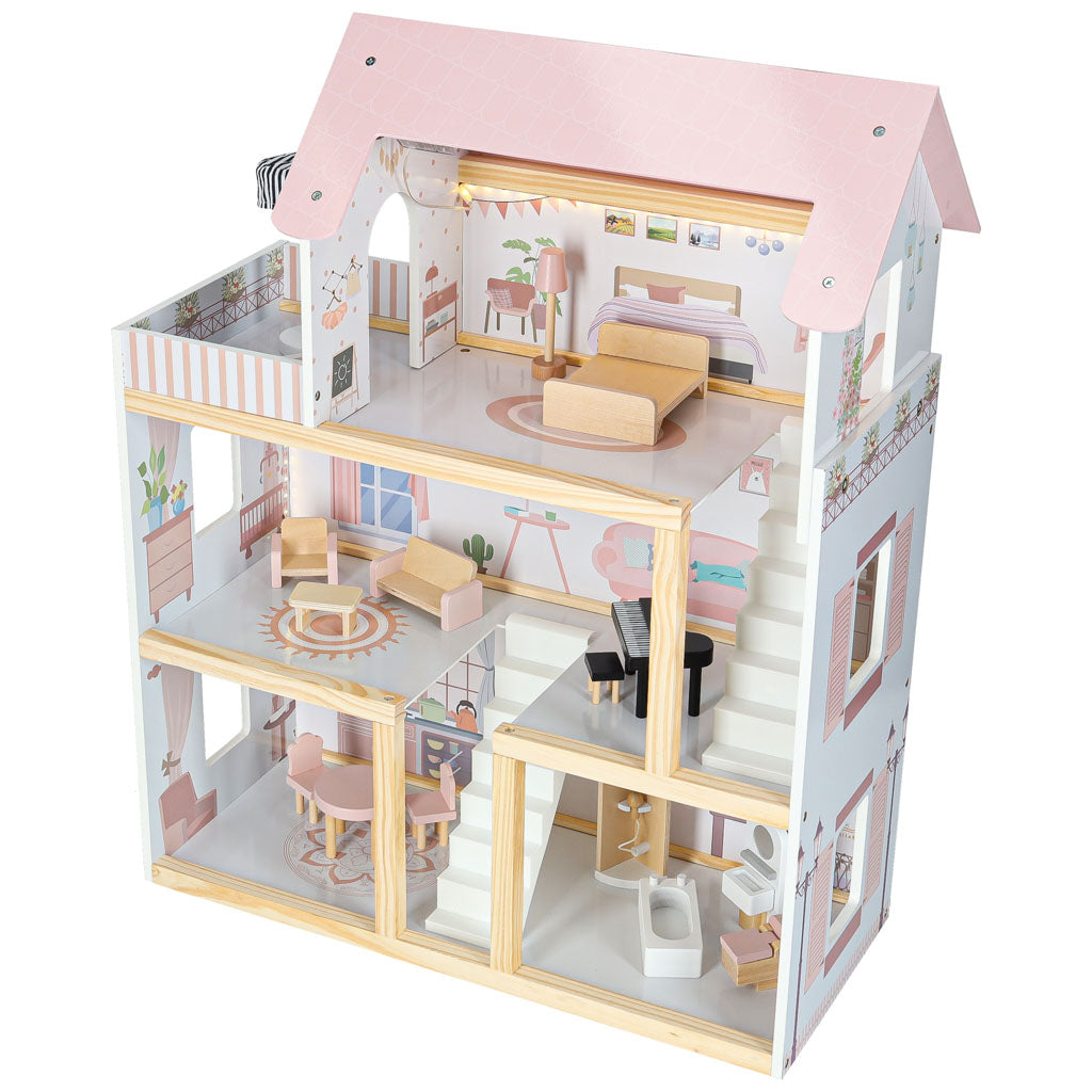 Medinis lėlių namelis su baldais, 78 cm, rožinis, su LED apšvietimu