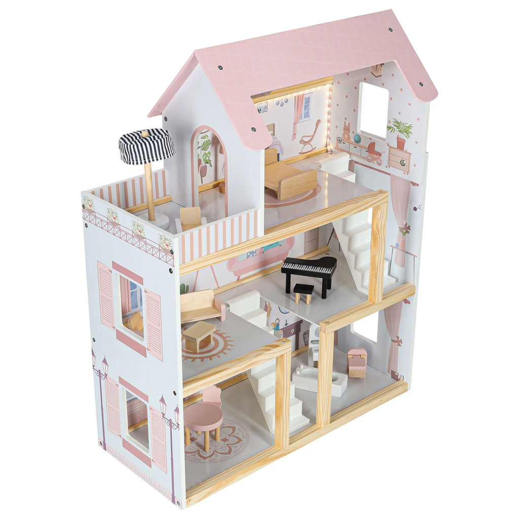 Medinis lėlių namelis su baldais, 78 cm, rožinis, su LED apšvietimu