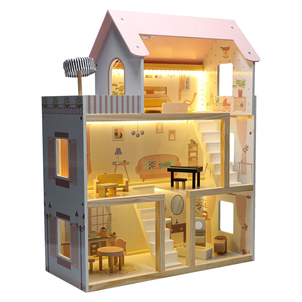Medinis lėlių namelis su baldais, 78 cm, rožinis, su LED apšvietimu