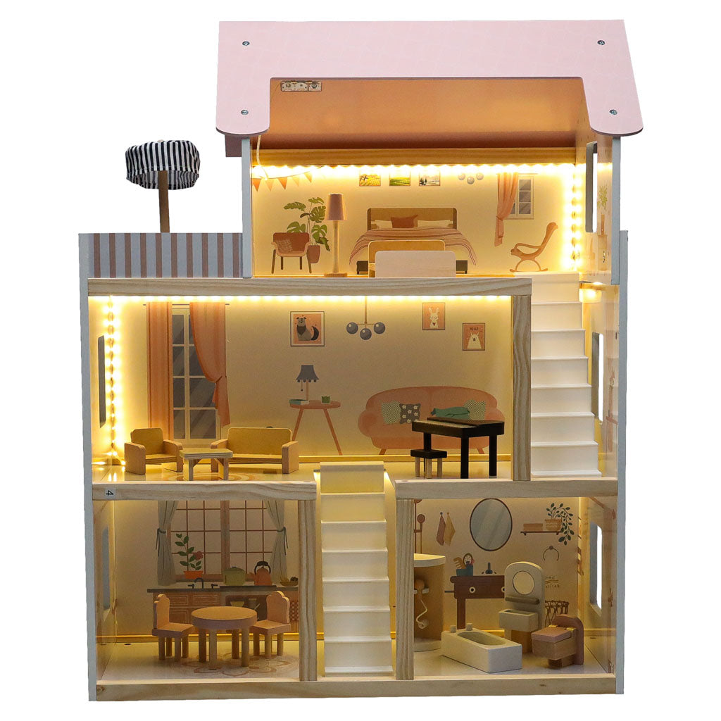 Medinis lėlių namelis su baldais, 78 cm, rožinis, su LED apšvietimu
