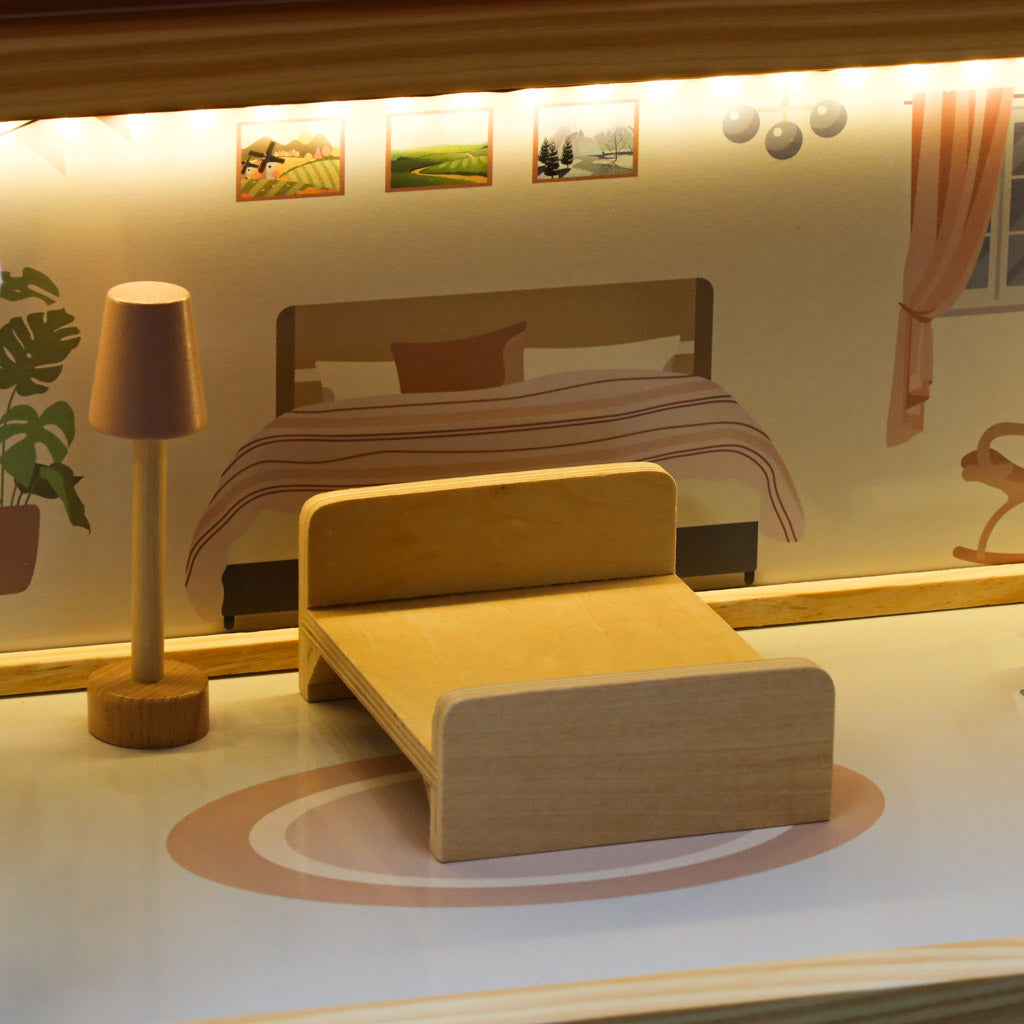 Medinis lėlių namelis su baldais, 78 cm, rožinis, su LED apšvietimu