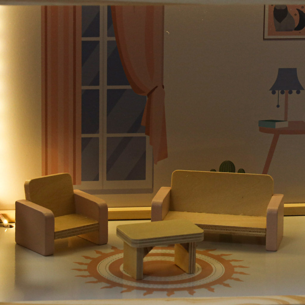 Medinis lėlių namelis su baldais, 78 cm, rožinis, su LED apšvietimu