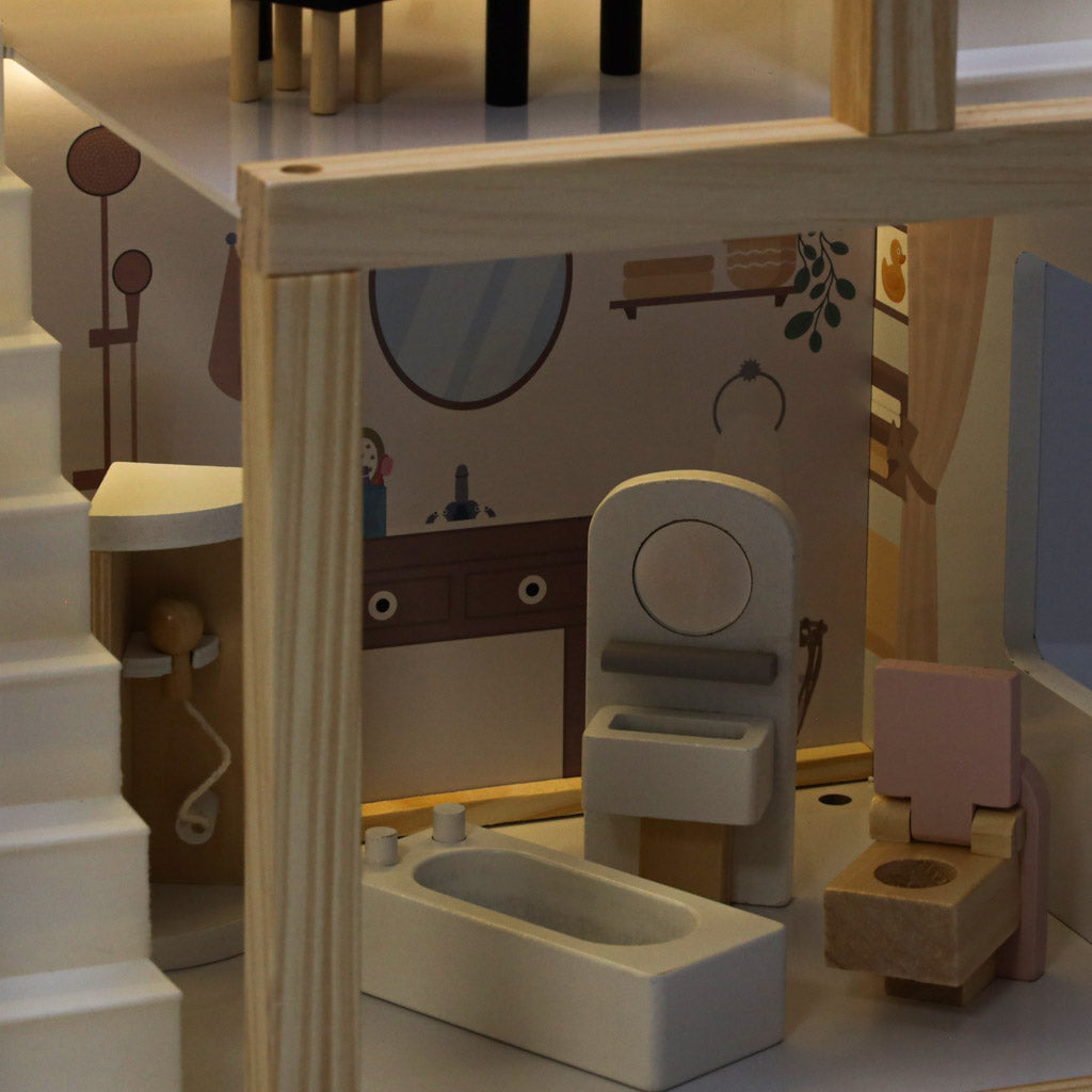 Medinis lėlių namelis su baldais, 78 cm, rožinis, su LED apšvietimu