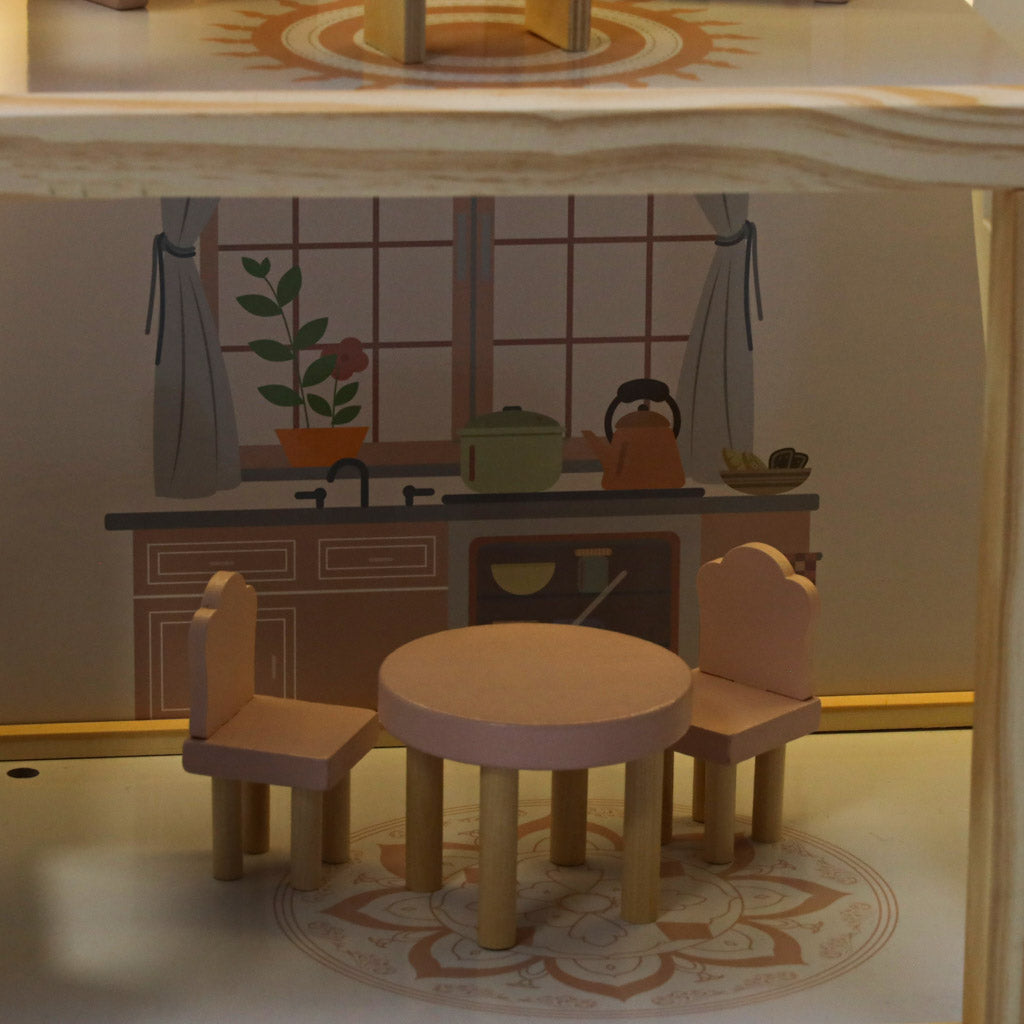 Medinis lėlių namelis su baldais, 78 cm, rožinis, su LED apšvietimu