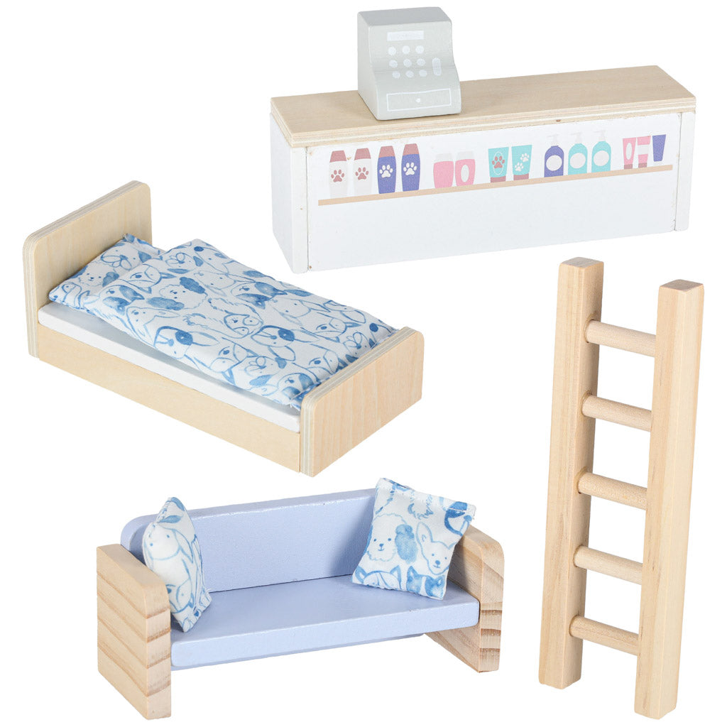 Namukas lagamine - viešbutis SPA gyvūnams su mediniais baldeliais ir figūrėlėmis