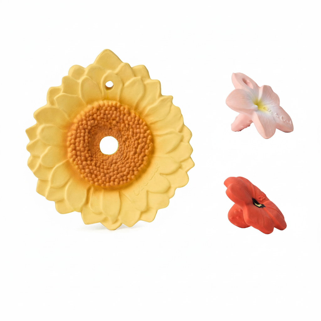 Oli&Carol natūralus dovanų rinkinys naujagimiui: 3 kramtukai – Drugelis ir dvi gėlės – vaizdas 2