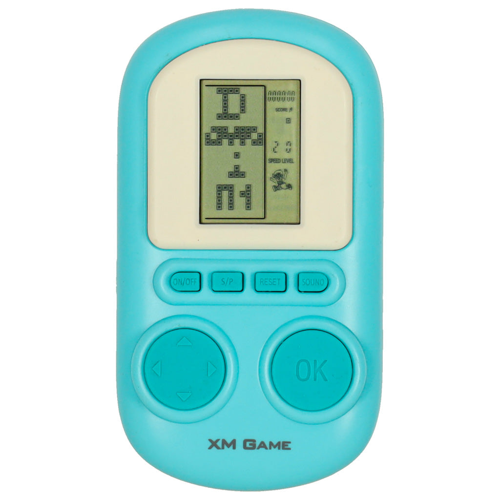 Mėlyna nešiojama retro stiliaus elektroninė žaidimų konsolė