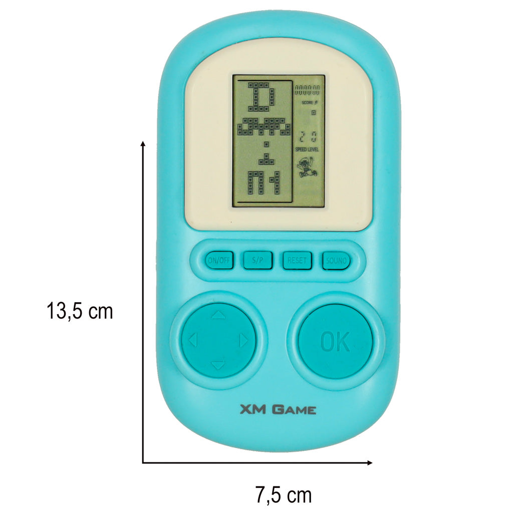 Mėlyna nešiojama retro stiliaus elektroninė žaidimų konsolė