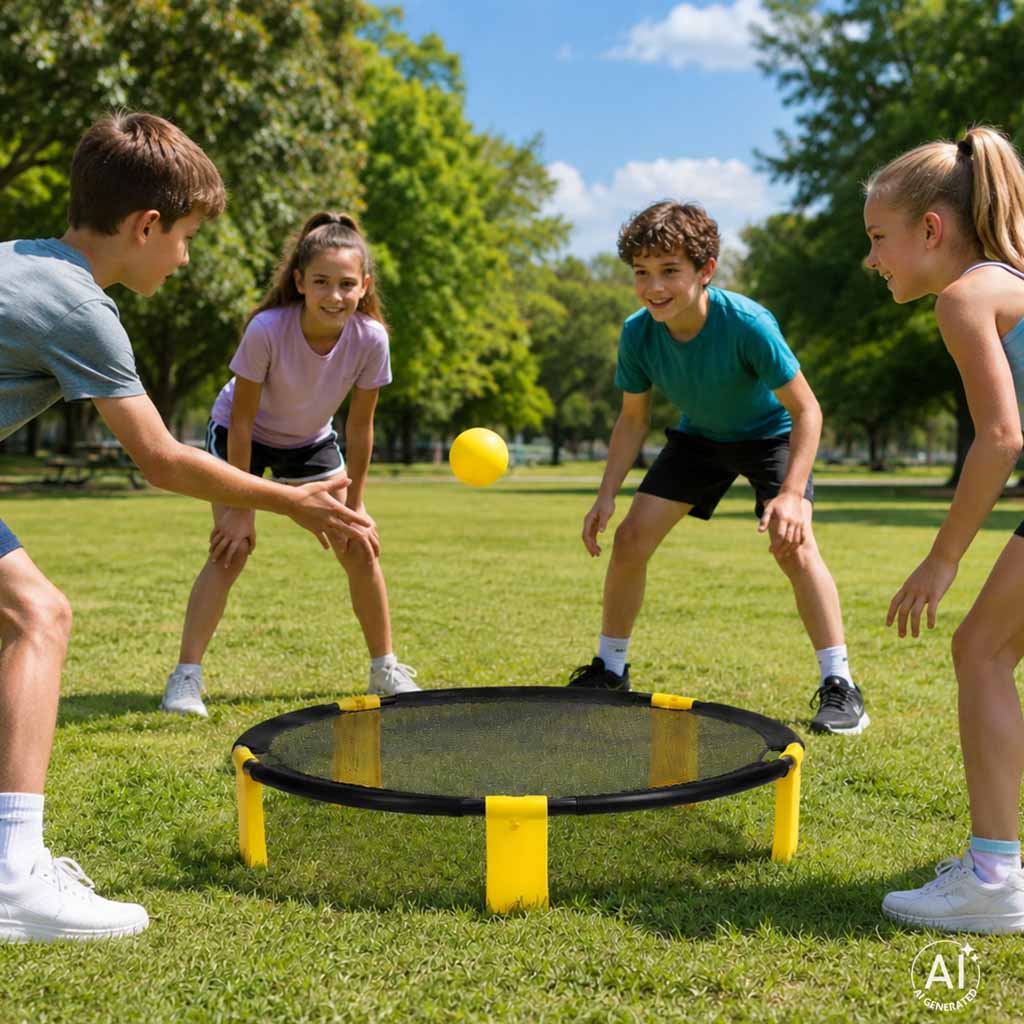 Roundnet žaidimas vaikams ir šeimai: apvalus tinklelis, 2 kamuoliukai