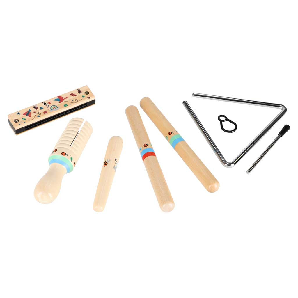 Mediniai muzikos instrumentai vaikams: trikampis, lazdelės, armonikėlė, guiro