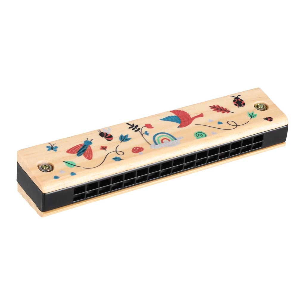 Mediniai muzikos instrumentai vaikams: trikampis, lazdelės, armonikėlė, guiro