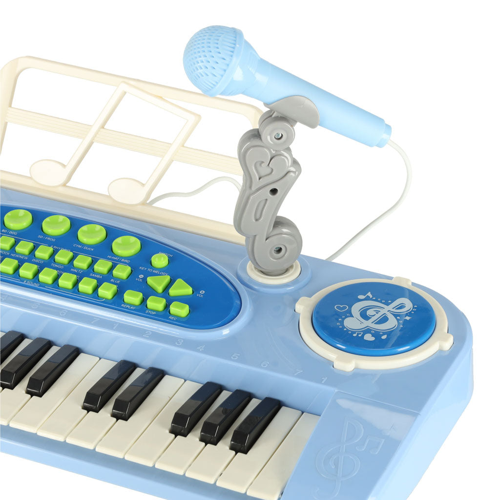 Vaikų interaktyvusis klaviatūrinis pianinas su 37 klavišais, mikrofonu ir stovu, mėlynas