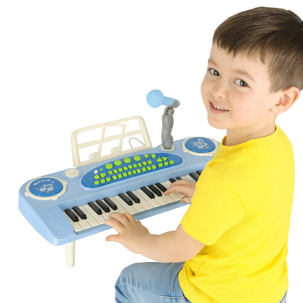 Vaikų interaktyvusis klaviatūrinis pianinas su 37 klavišais, mikrofonu ir stovu, mėlynas