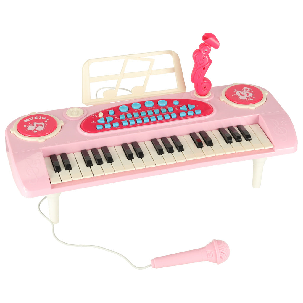 Interaktyvus sintezatorius vaikams, 37 klavišai, pianinas-vargonėliai su mikrofonu ir stovu, rožinis