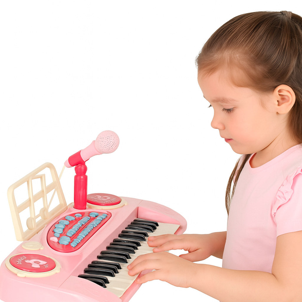 Interaktyvus sintezatorius vaikams, 37 klavišai, pianinas-vargonėliai su mikrofonu ir stovu, rožinis