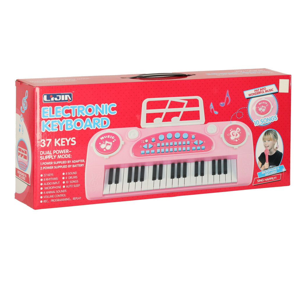 Interaktyvus sintezatorius vaikams, 37 klavišai, pianinas-vargonėliai su mikrofonu ir stovu, rožinis
