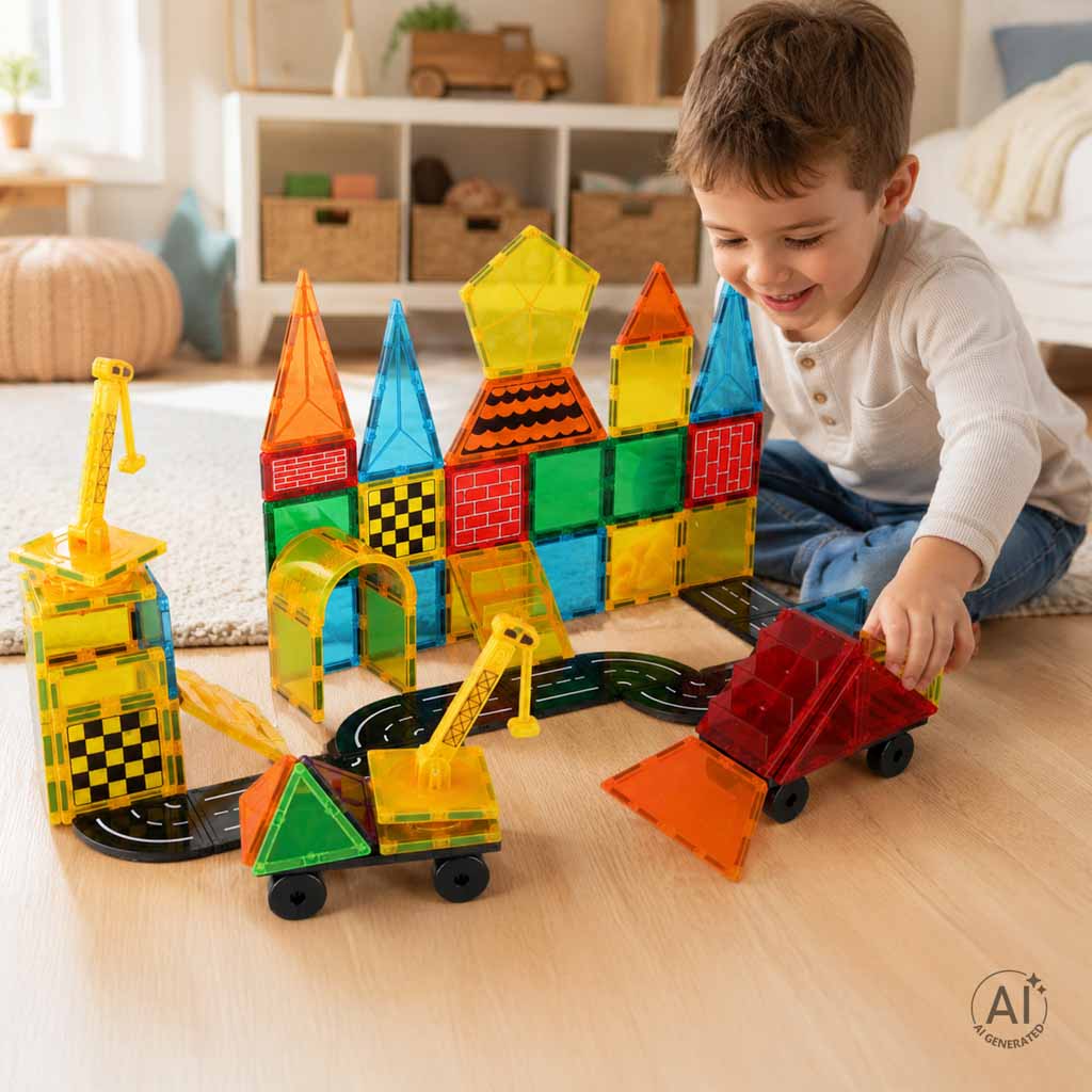Magnetinės kaladėlės vaikams STEM, 90 spalvotų detalių statybos rinkinys