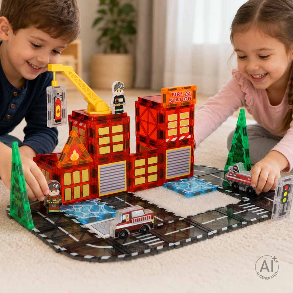 Magnetinės kaladėlės Ugniagesiai su hidrantu ir gesintuvu, 48 dalių rinkinys