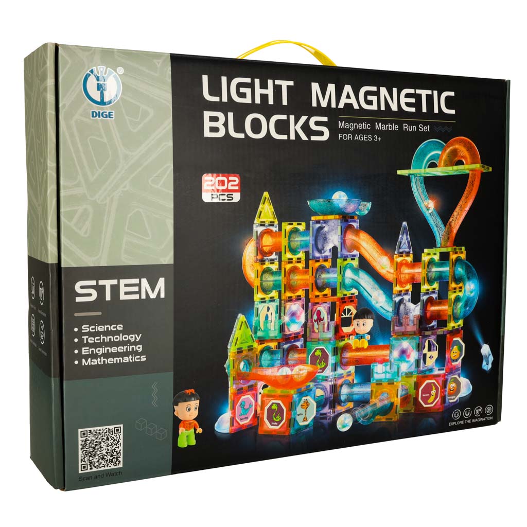 Magnetiniai blokeliai su šviečiančiu kamuoliukų takeliu 202 dalys