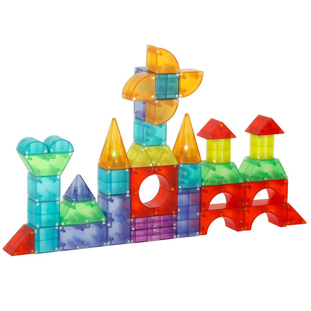 Magnetinės konstravimo kaladėlės su šviečiančiais elementais 3D figūroms, 134 vnt.