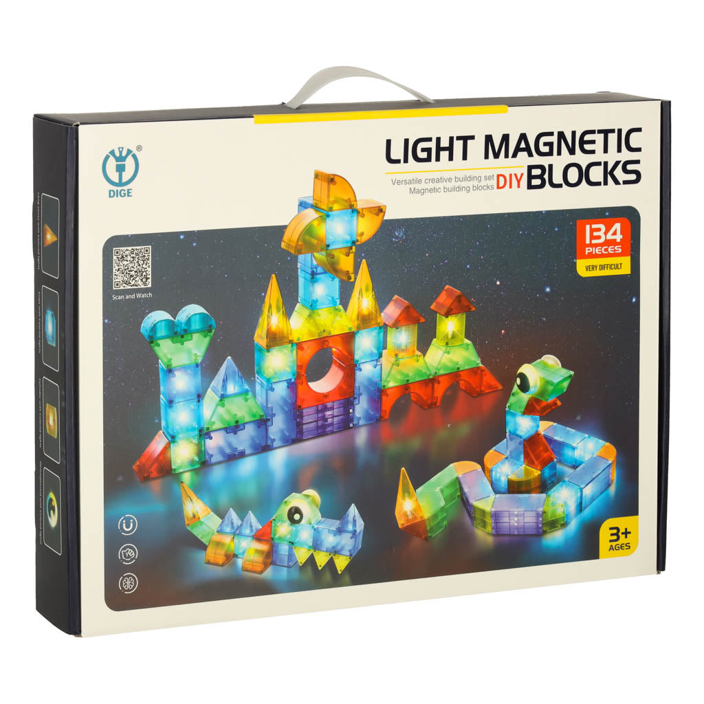 Magnetinės konstravimo kaladėlės su šviečiančiais elementais 3D figūroms, 134 vnt.