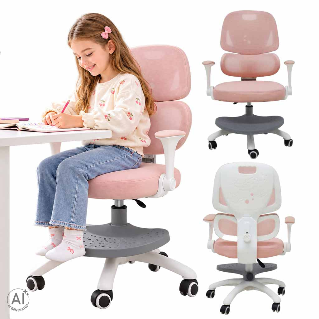 Ergonominė vaikiška kėdė su pakoju, sukama ir reguliuojama, rožinė