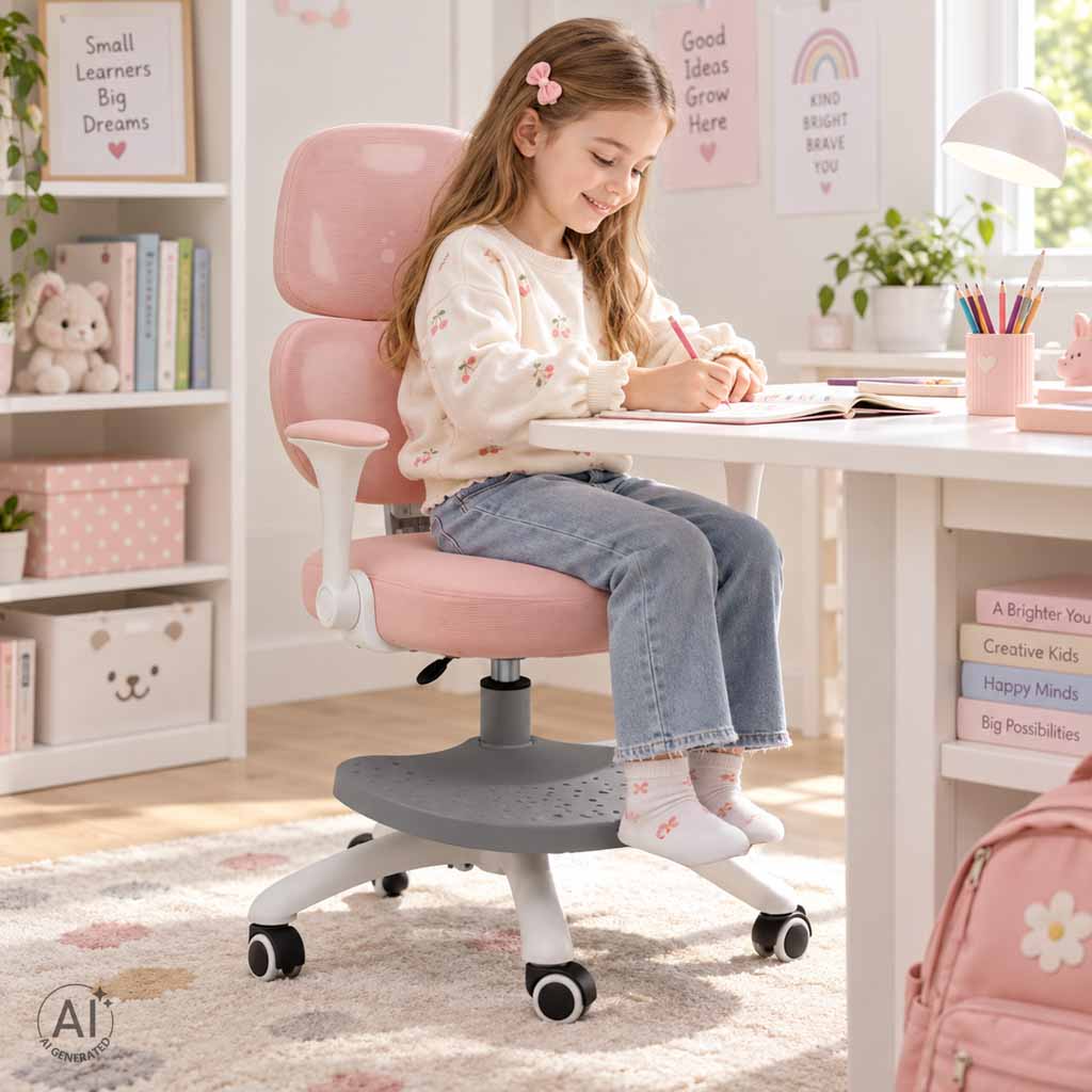 Ergonominė vaikiška kėdė su pakoju, sukama ir reguliuojama, rožinė