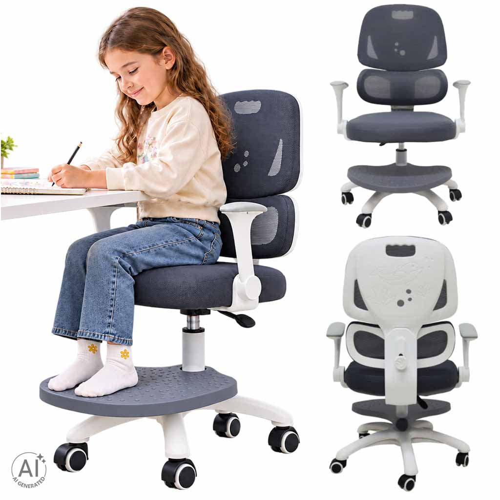Ergonominė vaikiška darbo kėdė su pakoju, sukama, reguliuojama, pilka
