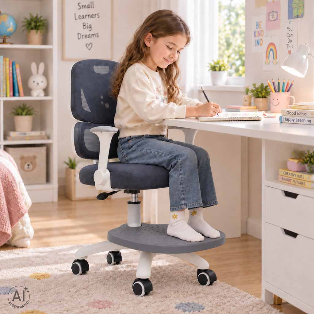 Ergonominė vaikiška darbo kėdė su pakoju, sukama, reguliuojama, pilka