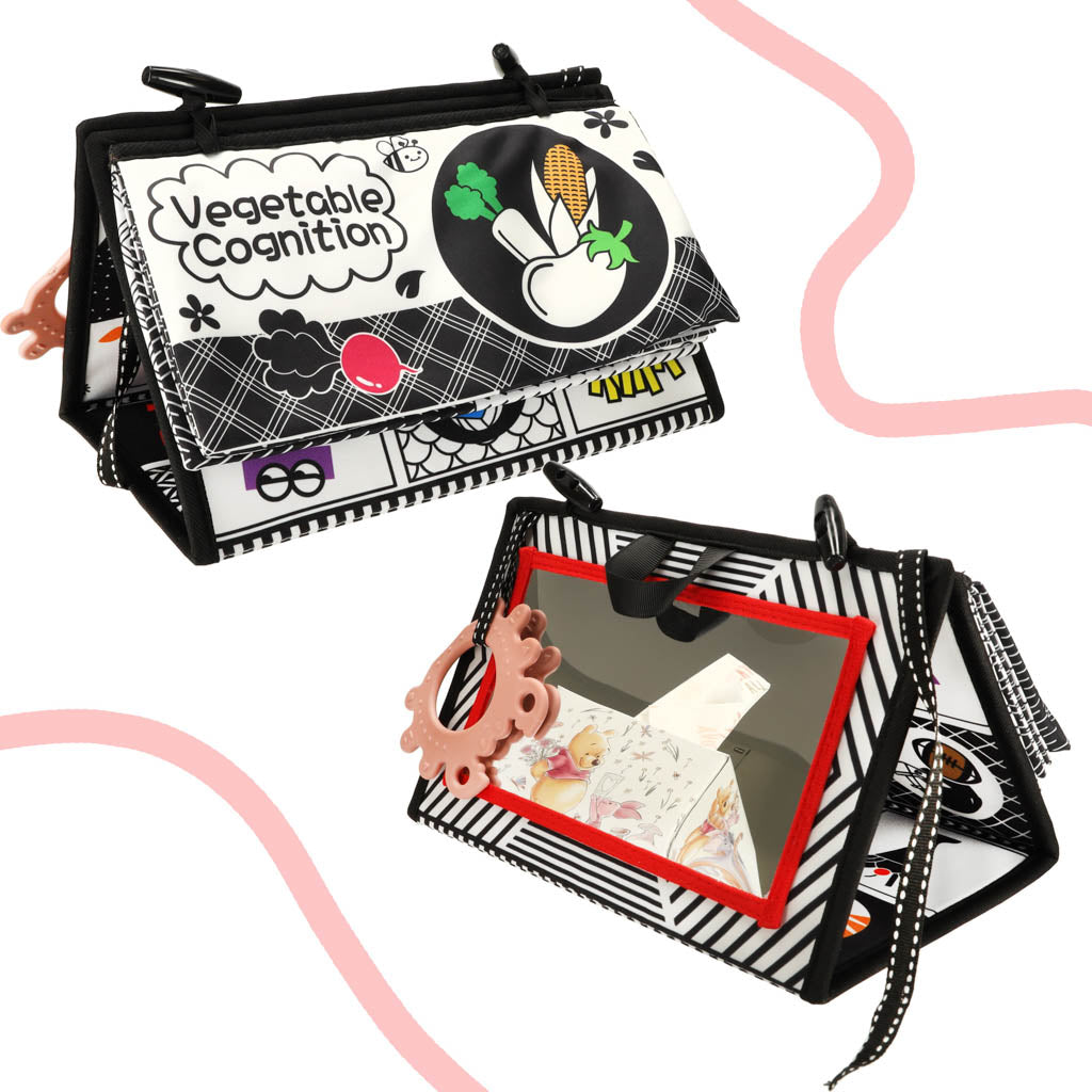 Kūdikio sensorinė knygelė-kilimėlis su kontrastingais raštais, veidrodėliu ir kramtuku