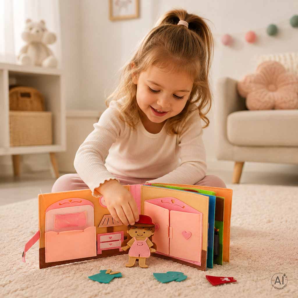 Filcinė sensorinė knygelė 3D namelis su judančiais elementais, nuo 3 metų