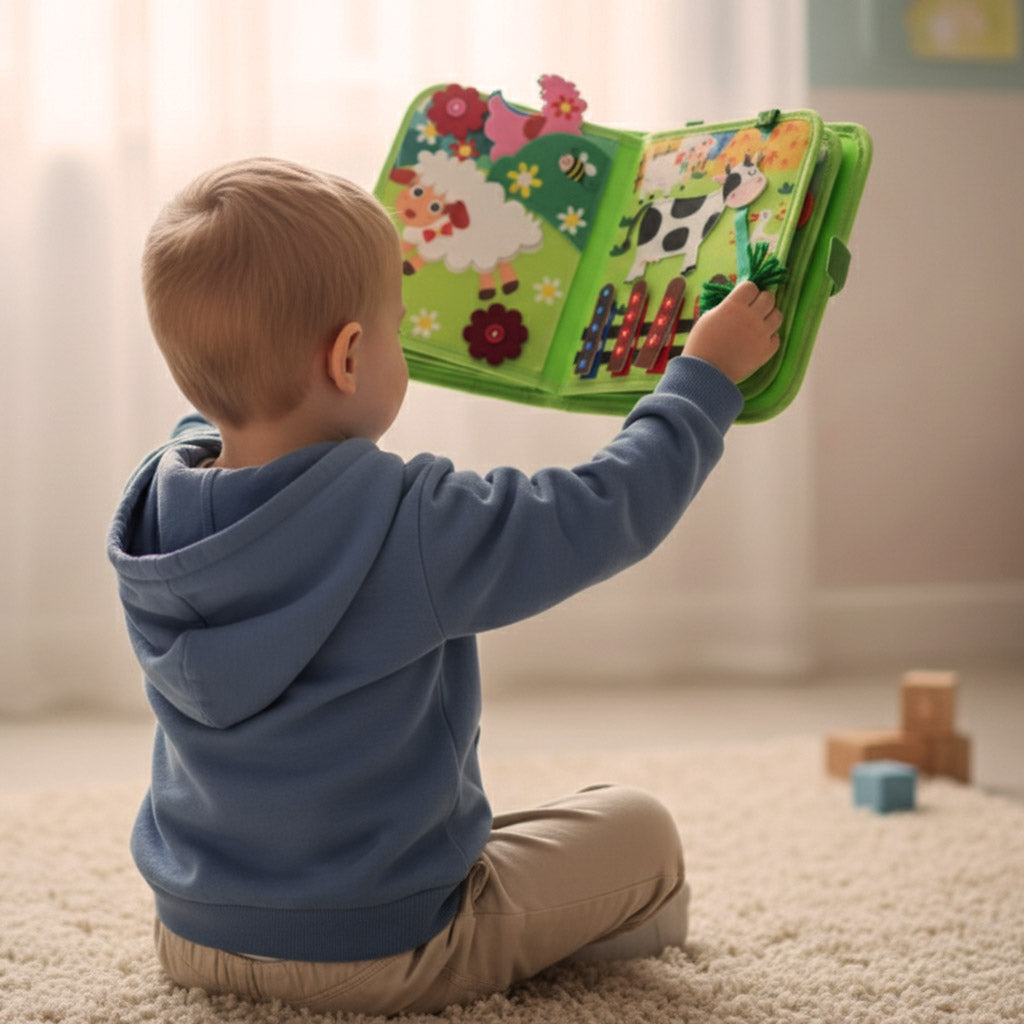 Sensorinė veltinio knygelė Ferma, edukacinė manipuliacinė knygelė nuo 3 metų