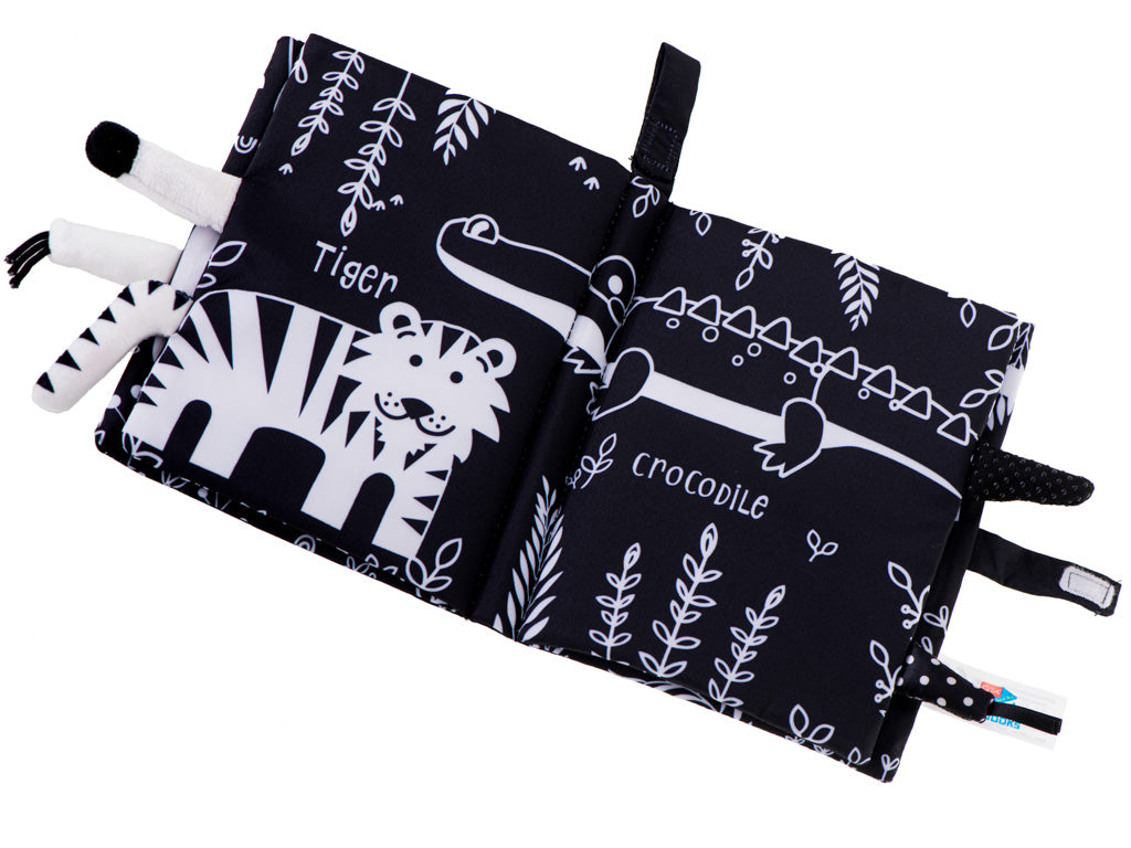 Minkšta sensorinė knygelė „Safari gyvūnų uodegos“