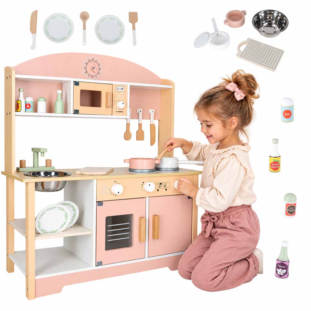 Medinė vaikiška virtuvėlė MODERN CLASSIC su priedais, rožinė, 82 cm