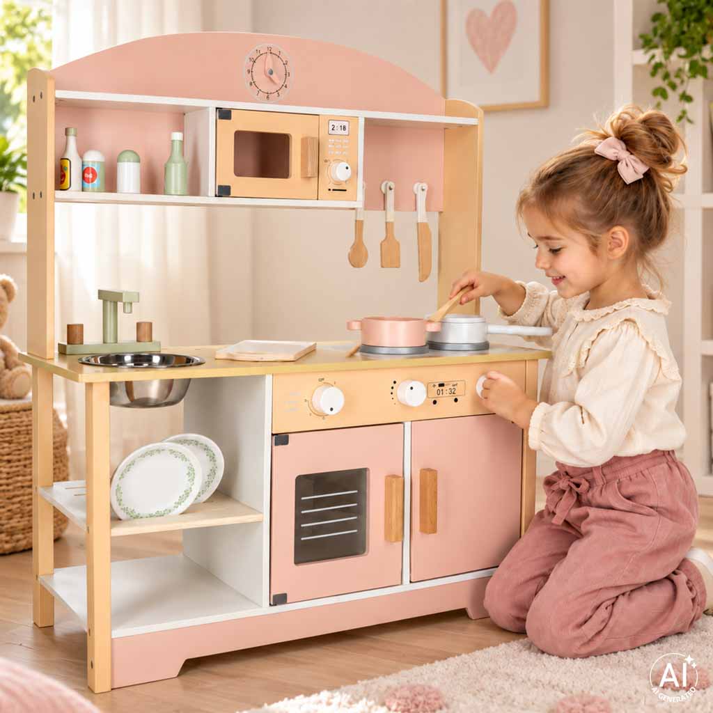 Medinė vaikiška virtuvėlė MODERN CLASSIC su priedais, rožinė, 82 cm