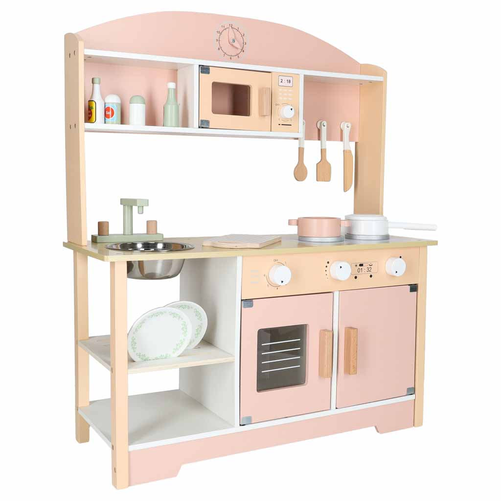 Medinė vaikiška virtuvėlė MODERN CLASSIC su priedais, rožinė, 82 cm