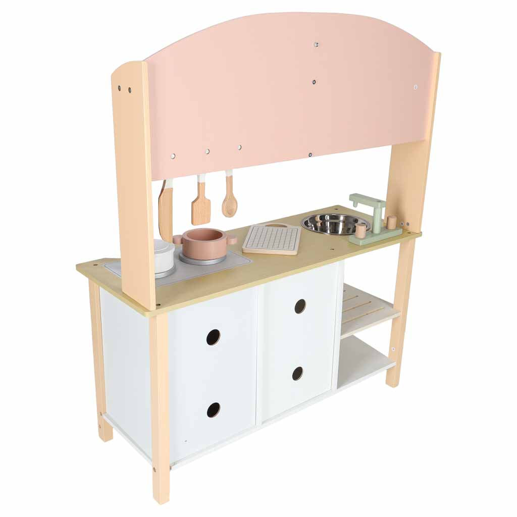 Medinė vaikiška virtuvėlė MODERN CLASSIC su priedais, rožinė, 82 cm