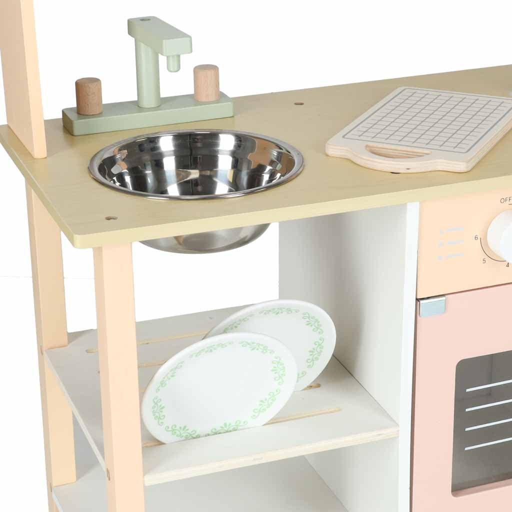 Medinė vaikiška virtuvėlė MODERN CLASSIC su priedais, rožinė, 82 cm