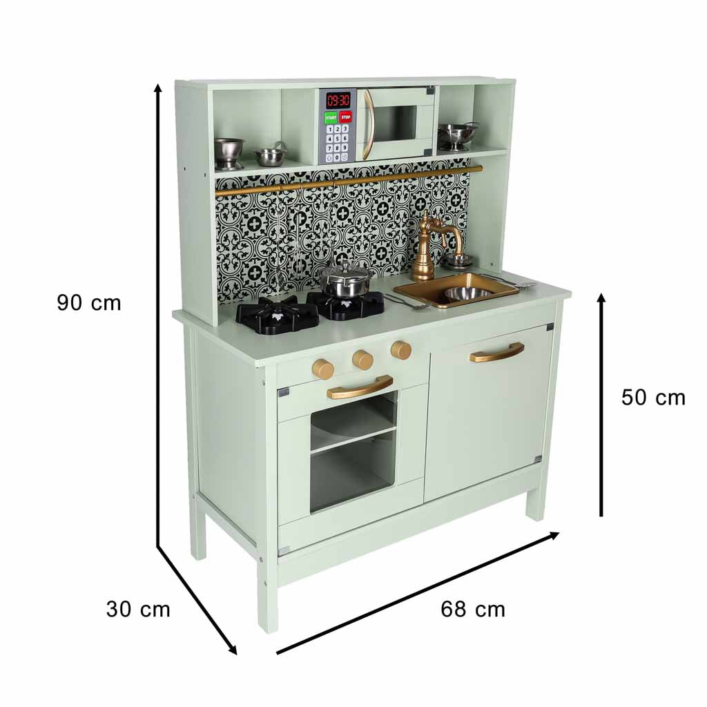 Medinė vaikiška virtuvėlė su garso ir šviesos efektais bei priedais, mėtinė