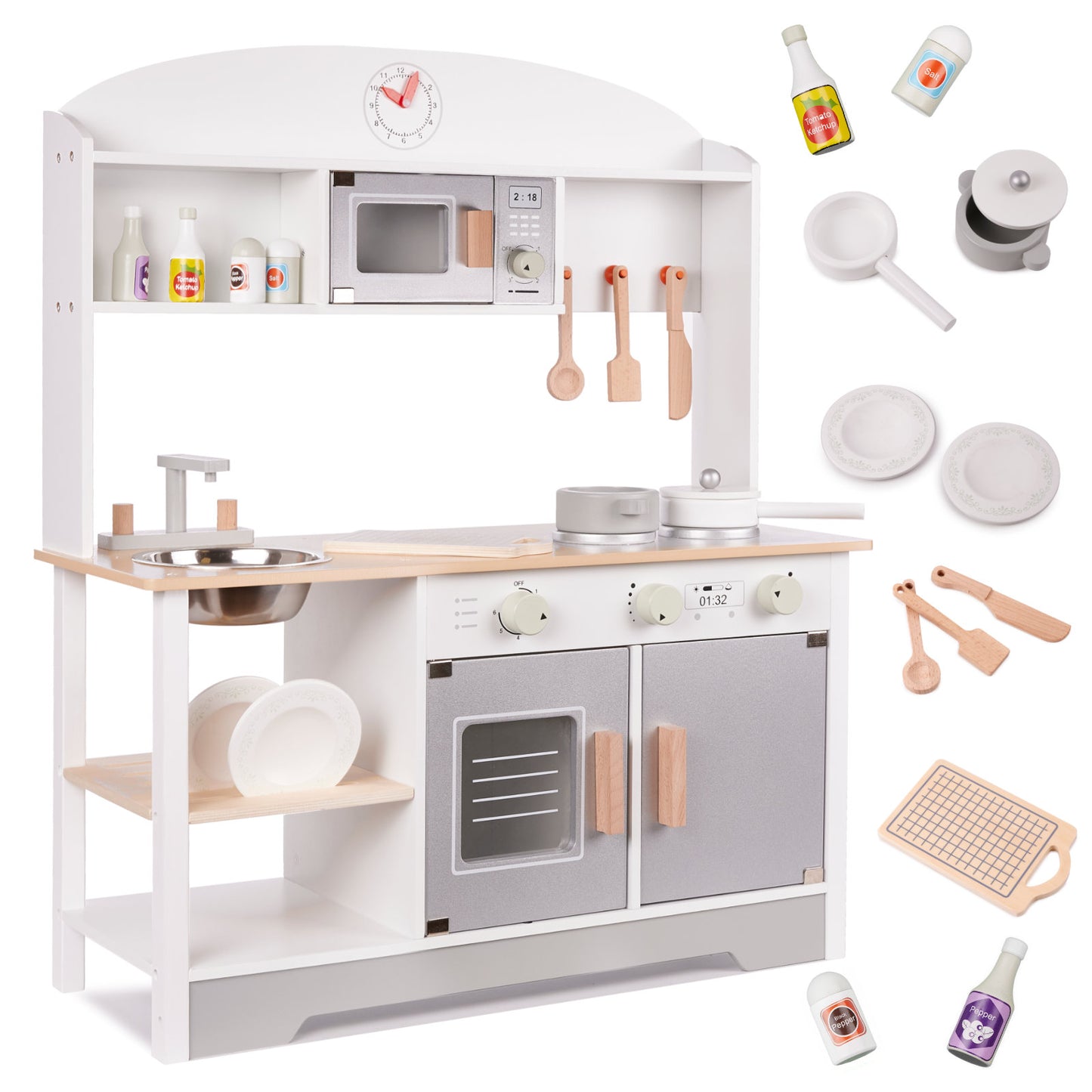 Medinė MDF vaikiška virtuvėlė MODERN CLASSIC su priedais, 82 cm