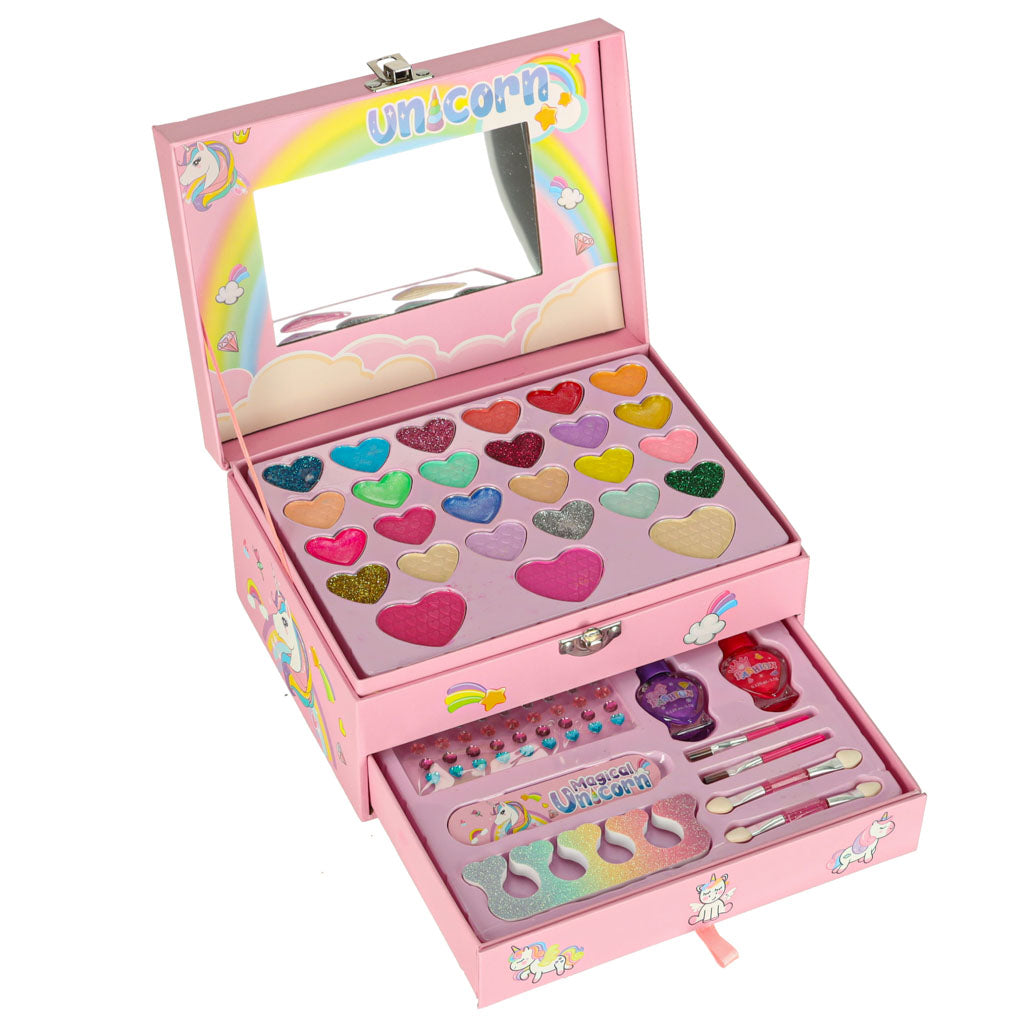 Vienaragio kosmetikos rinkinys mergaitėms: makiažas, nagų lakai, šešėliai lagaminėlyje su stalčiukais