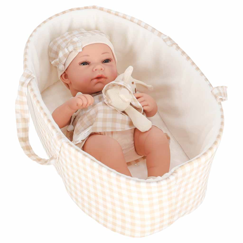 Lėlė kūdikis su nešiojimo krepšiu, čiulptuku ir pliušiniu triušiu, 38 cm, smėlio