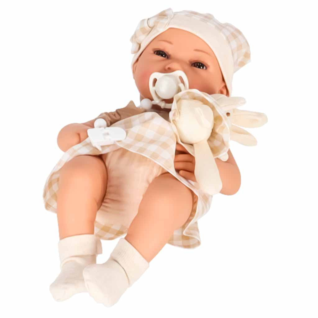 Lėlė kūdikis su nešiojimo krepšiu, čiulptuku ir pliušiniu triušiu, 38 cm, smėlio